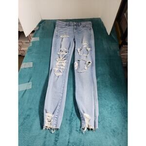 American Eagle Jeans Size 6 Long Womens Blue Stretch Distress High Rise Jegging